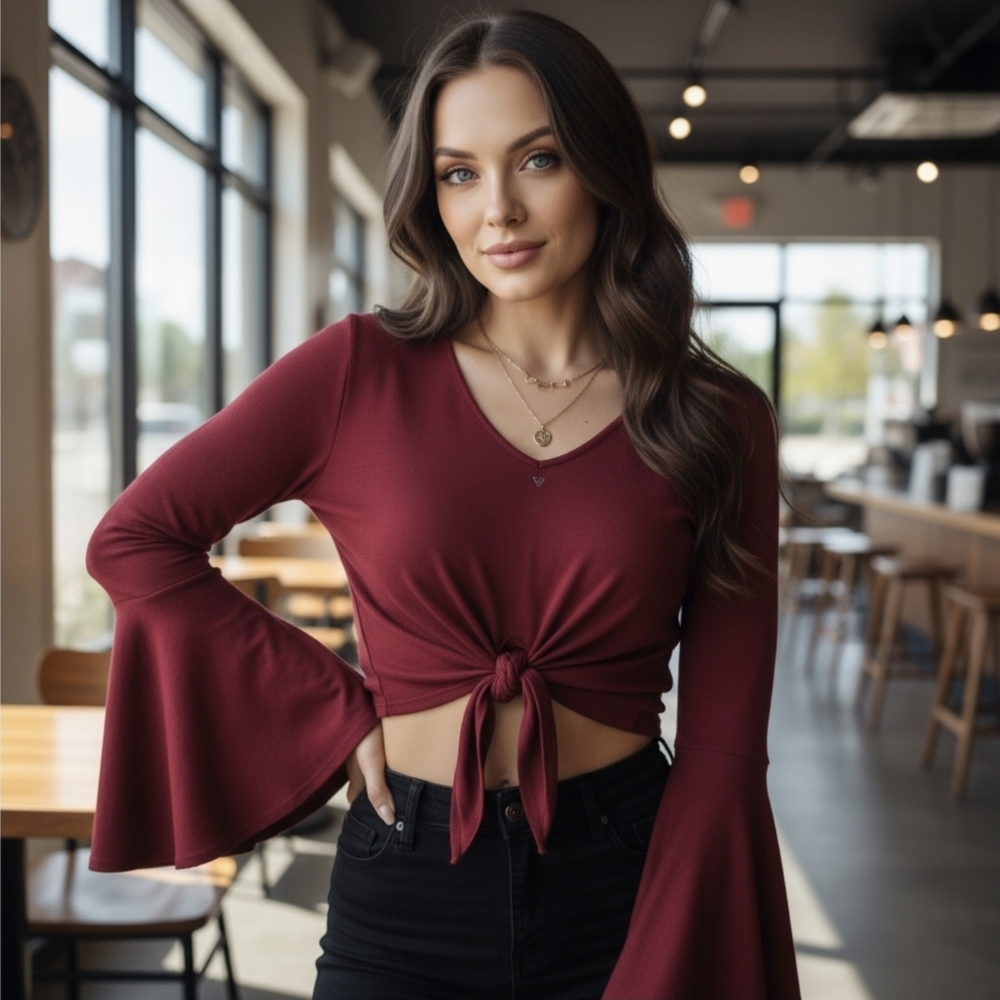 Windsor ✦ Red Flare Sleeve Crop Top ✦ Tie‑Front Textured Boho Style Made in USA - Picture 12 of 15
